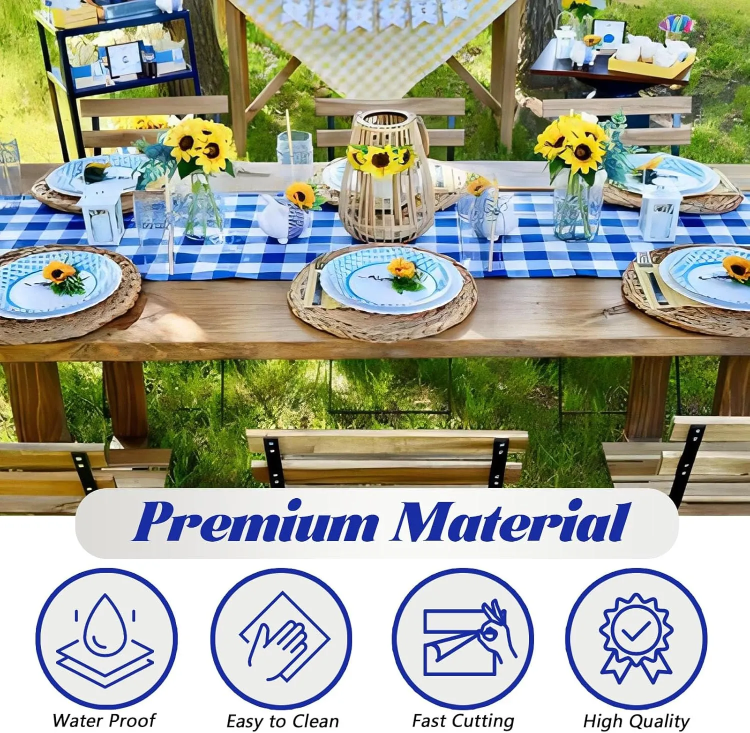 Plastic Table Cover Roll Disposable Tablecloth: 54in X 120ft Table Covers Plastic Table Cover Roll with Easy Slide Cutter Plastic Table Cloths for Parties Disposable-Bule Checkered