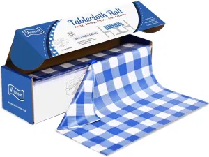Plastic Table Cover Roll Disposable Tablecloth: 54in X 120ft Table Covers Plastic Table Cover Roll with Easy Slide Cutter Plastic Table Cloths for Parties Disposable-Bule Checkered