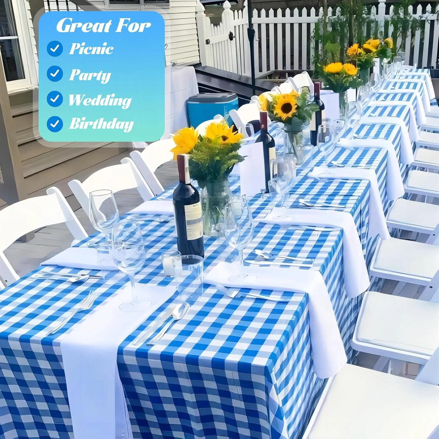 Plastic Table Cover Roll Disposable Tablecloth: 54in X 120ft Table Covers Plastic Table Cover Roll with Easy Slide Cutter Plastic Table Cloths for Parties Disposable-Bule Checkered