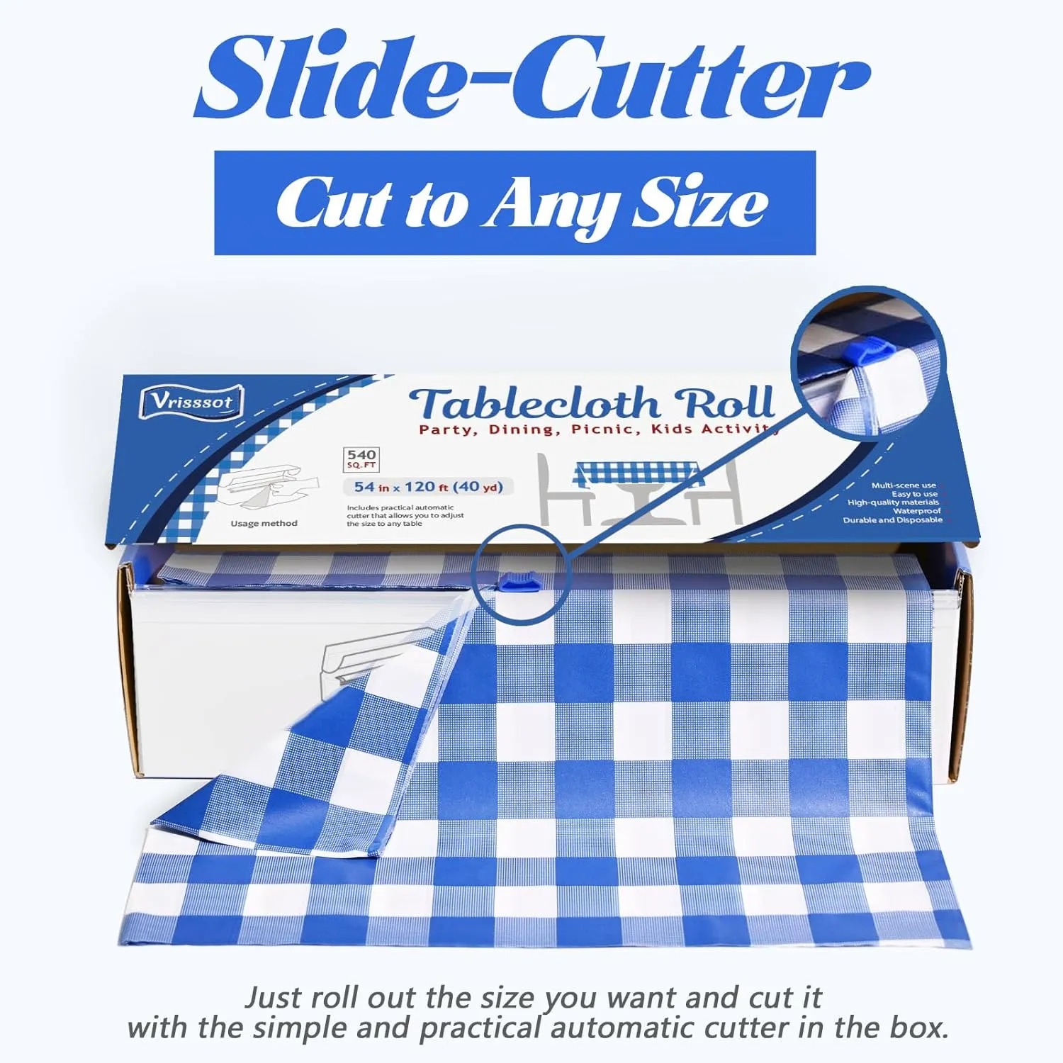 Plastic Table Cover Roll Disposable Tablecloth: 54in X 120ft Table Covers Plastic Table Cover Roll with Easy Slide Cutter Plastic Table Cloths for Parties Disposable-Bule Checkered