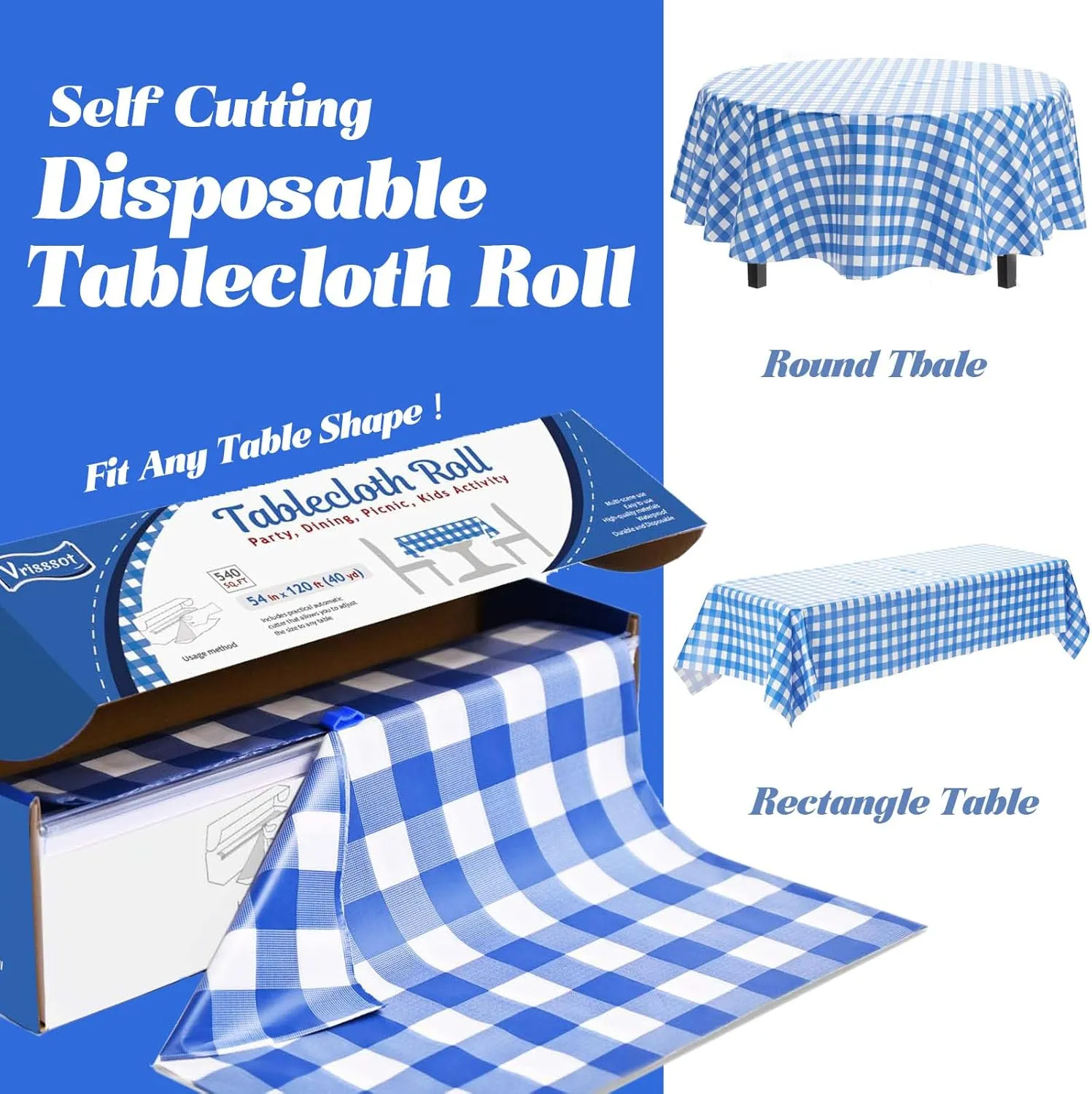 Plastic Table Cover Roll Disposable Tablecloth: 54in X 120ft Table Covers Plastic Table Cover Roll with Easy Slide Cutter Plastic Table Cloths for Parties Disposable-Bule Checkered