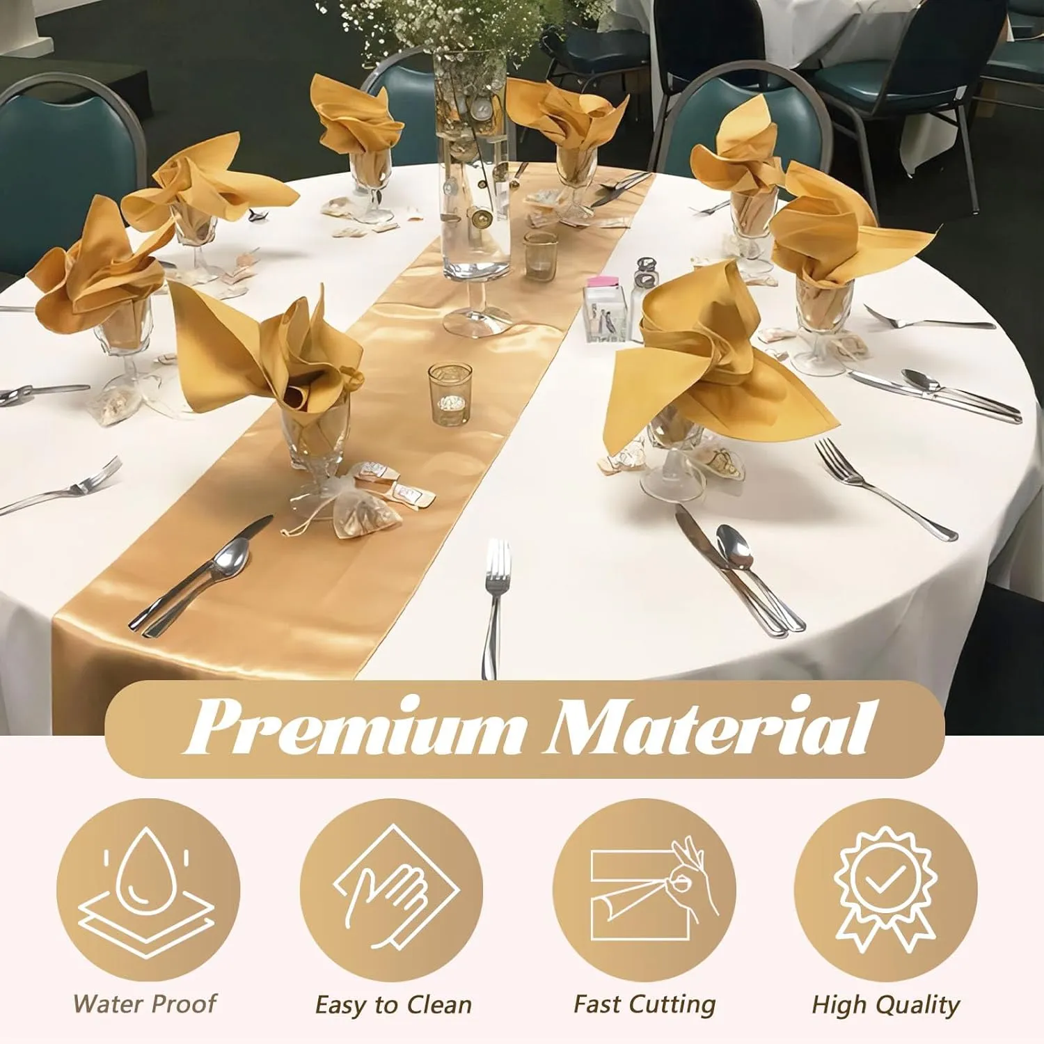 Plastic Table Cover Roll Disposable Tablecloth: 54in X 120ft Table Covers Plastic Table Cover Roll with Easy Slide Cutter Plastic Table Cloths for Parties Disposable-Gold
