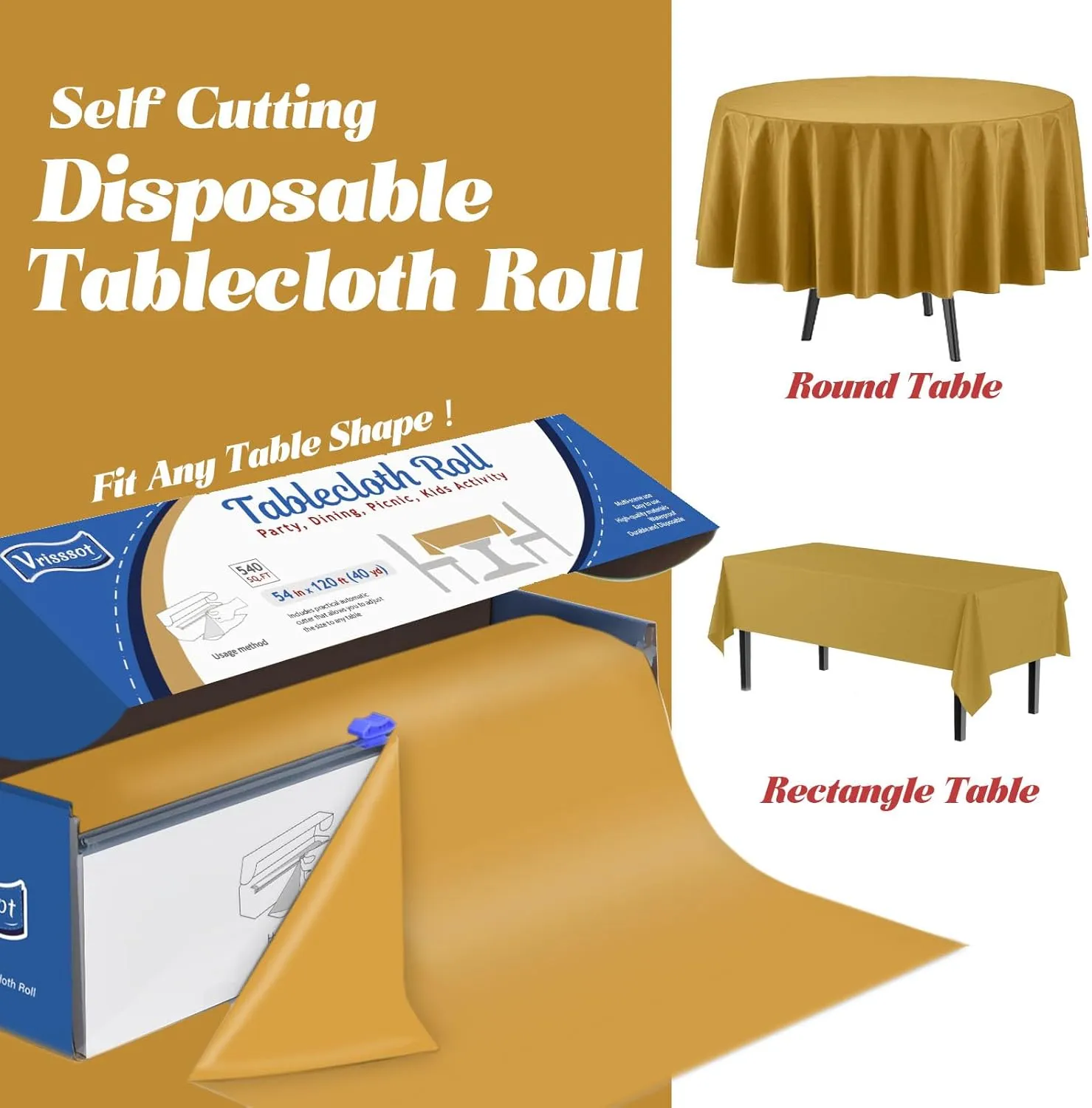 Plastic Table Cover Roll Disposable Tablecloth: 54in X 120ft Table Covers Plastic Table Cover Roll with Easy Slide Cutter Plastic Table Cloths for Parties Disposable-Gold