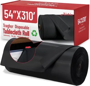 Plastic Tablecloth Roll, 310 Ft x 54 In Plastic Table Cloth Disposable Black Tablecloth Roll Premium PEVA Waterproof Black Table Cover Rolls with Cutter for Banquets, Festivals, Parties, Birthdays