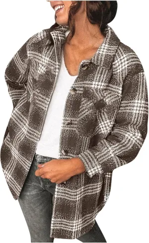 Plus Size Flannel Lapel Jacket Blouse Oversized Fall Shacket for Women Ladies Long Sleeve Fall Coat Plaid Long Shirt