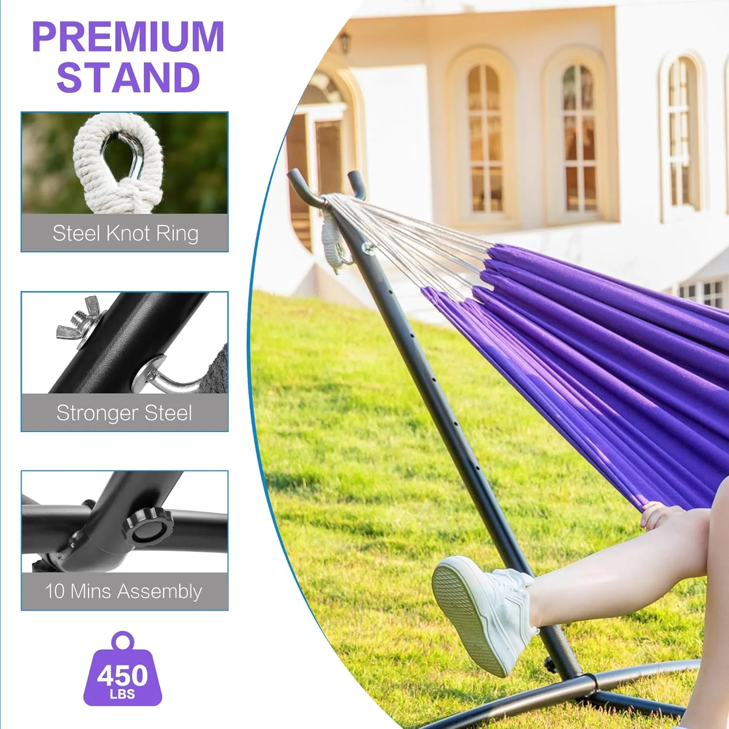 PNAEUT Double Hammock with Space Saving Steel Stand 2 Person Heavy Duty Garden Yard Outdoor 450lb Capacity Hammocks and Portable Carrying Bag (Purple)