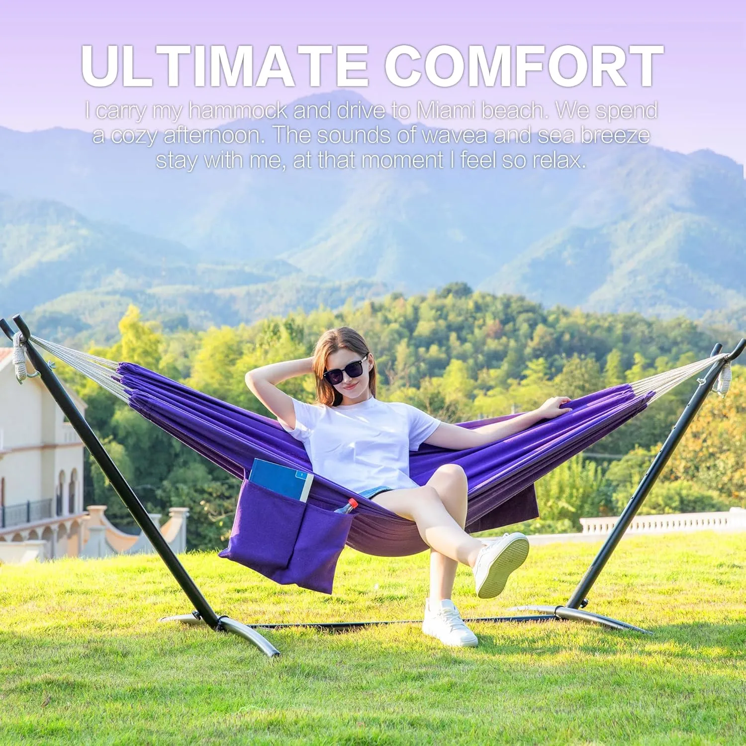 PNAEUT Double Hammock with Space Saving Steel Stand 2 Person Heavy Duty Garden Yard Outdoor 450lb Capacity Hammocks and Portable Carrying Bag (Purple)