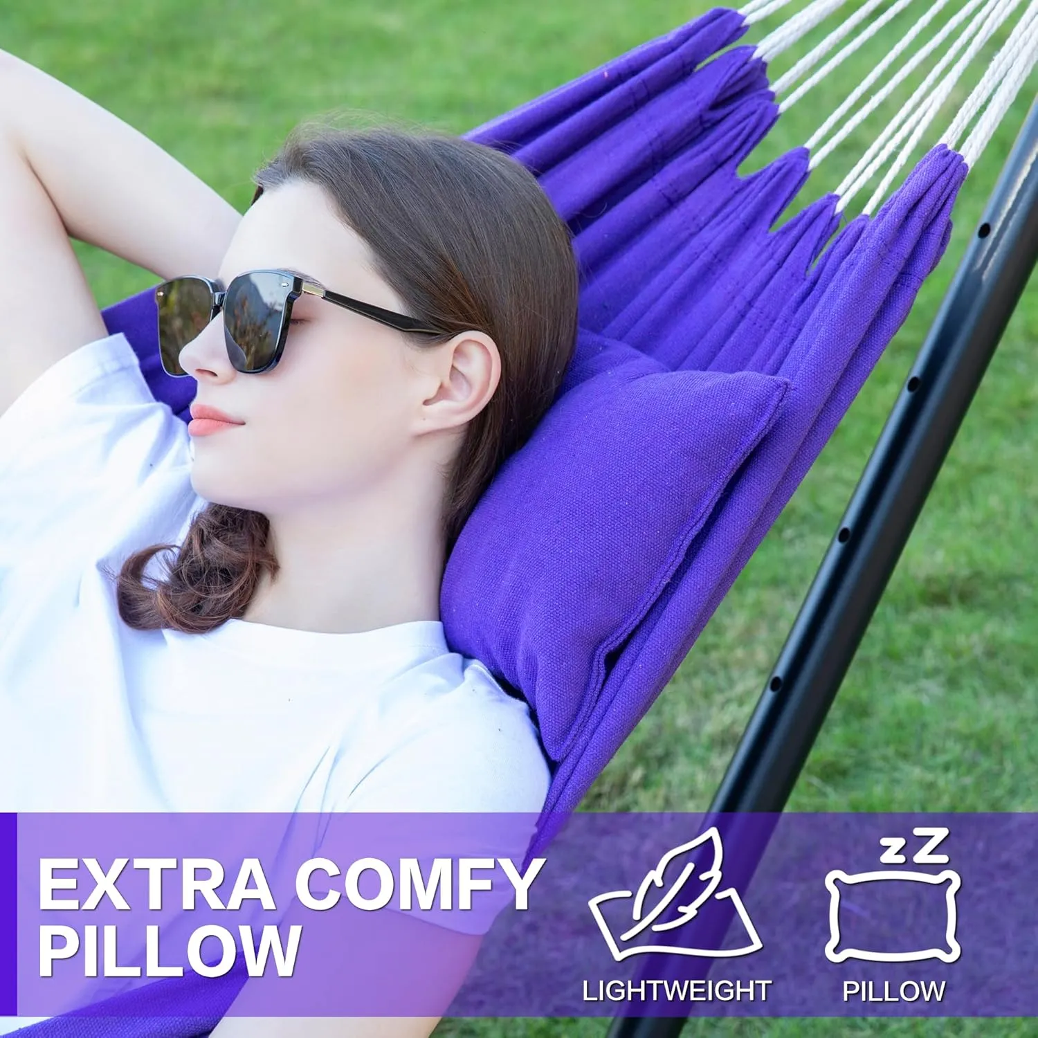 PNAEUT Double Hammock with Space Saving Steel Stand 2 Person Heavy Duty Garden Yard Outdoor 450lb Capacity Hammocks and Portable Carrying Bag (Purple)