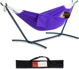 PNAEUT Double Hammock with Space Saving Steel Stand 2 Person Heavy Duty Garden Yard Outdoor 450lb Capacity Hammocks and Portable Carrying Bag (Purple)