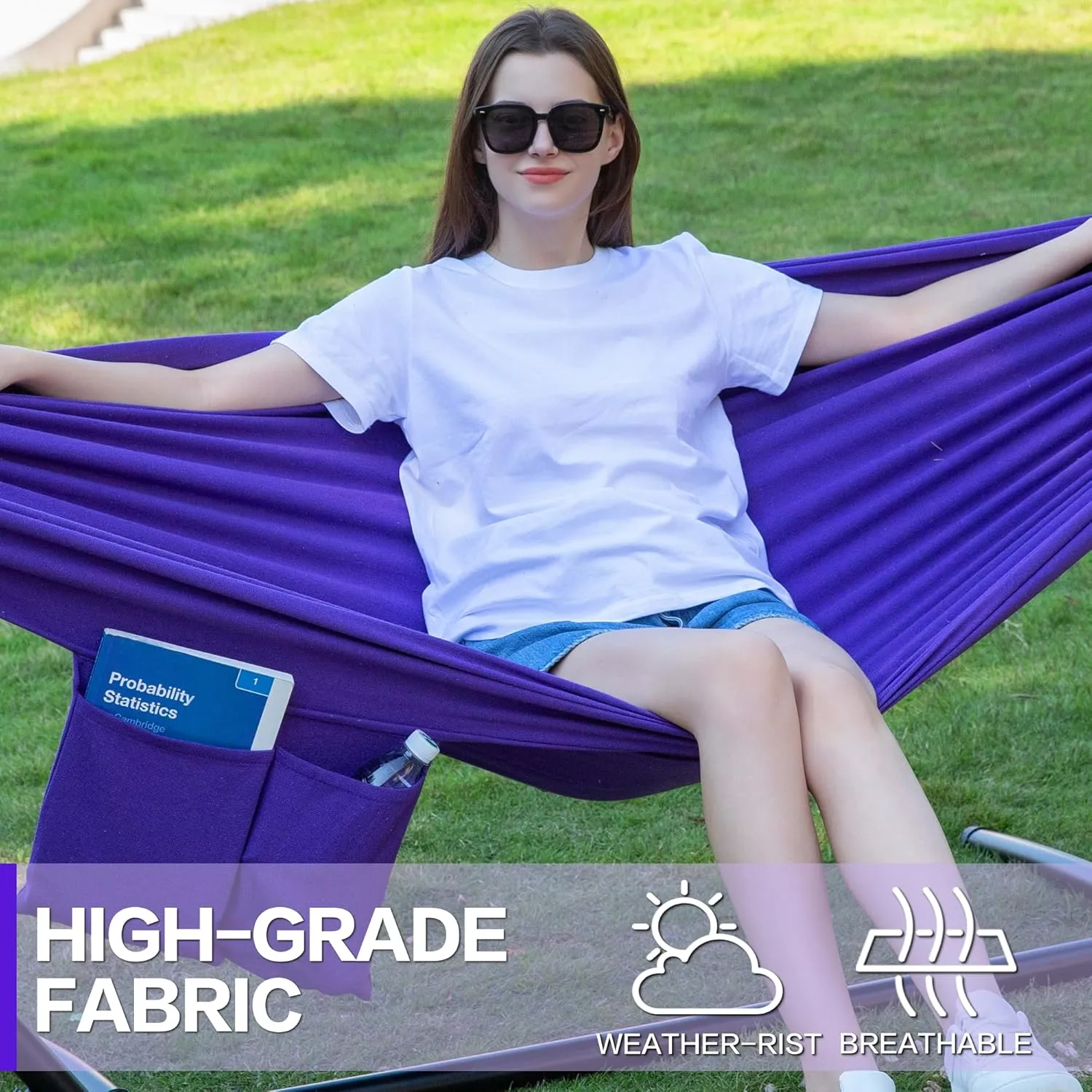 PNAEUT Double Hammock with Space Saving Steel Stand 2 Person Heavy Duty Garden Yard Outdoor 450lb Capacity Hammocks and Portable Carrying Bag (Purple)