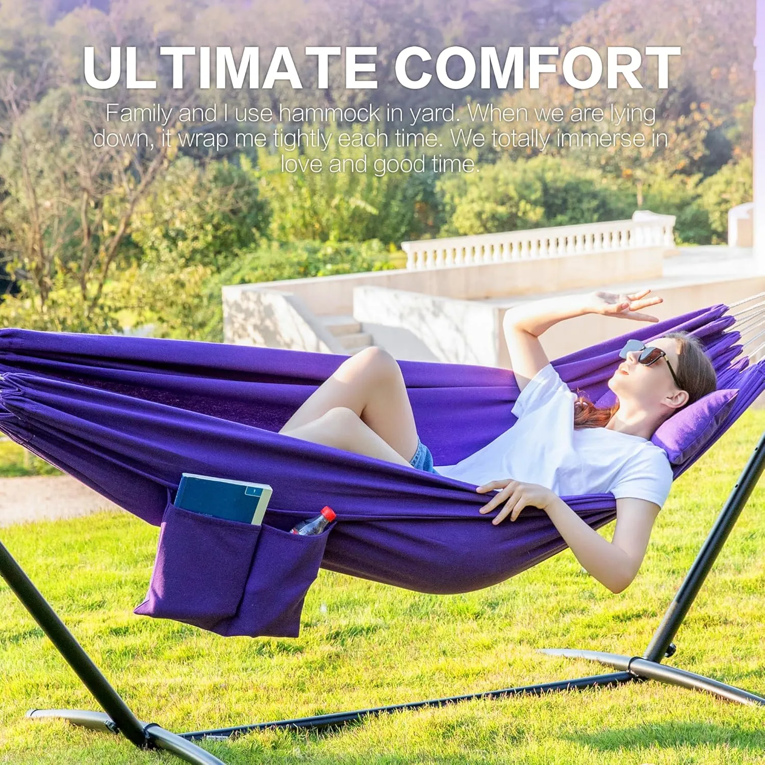PNAEUT Double Hammock with Space Saving Steel Stand 2 Person Heavy Duty Garden Yard Outdoor 450lb Capacity Hammocks and Portable Carrying Bag (Purple)