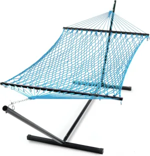PNAEUT Double Hammock with Stand for Outside, Rope Hammocks with Hardwood Spreader Bar 2 Person, 12ft Heavy Duty Stand, Extra Pillow, Max 475 lbs Capacity (Aqua Blue)