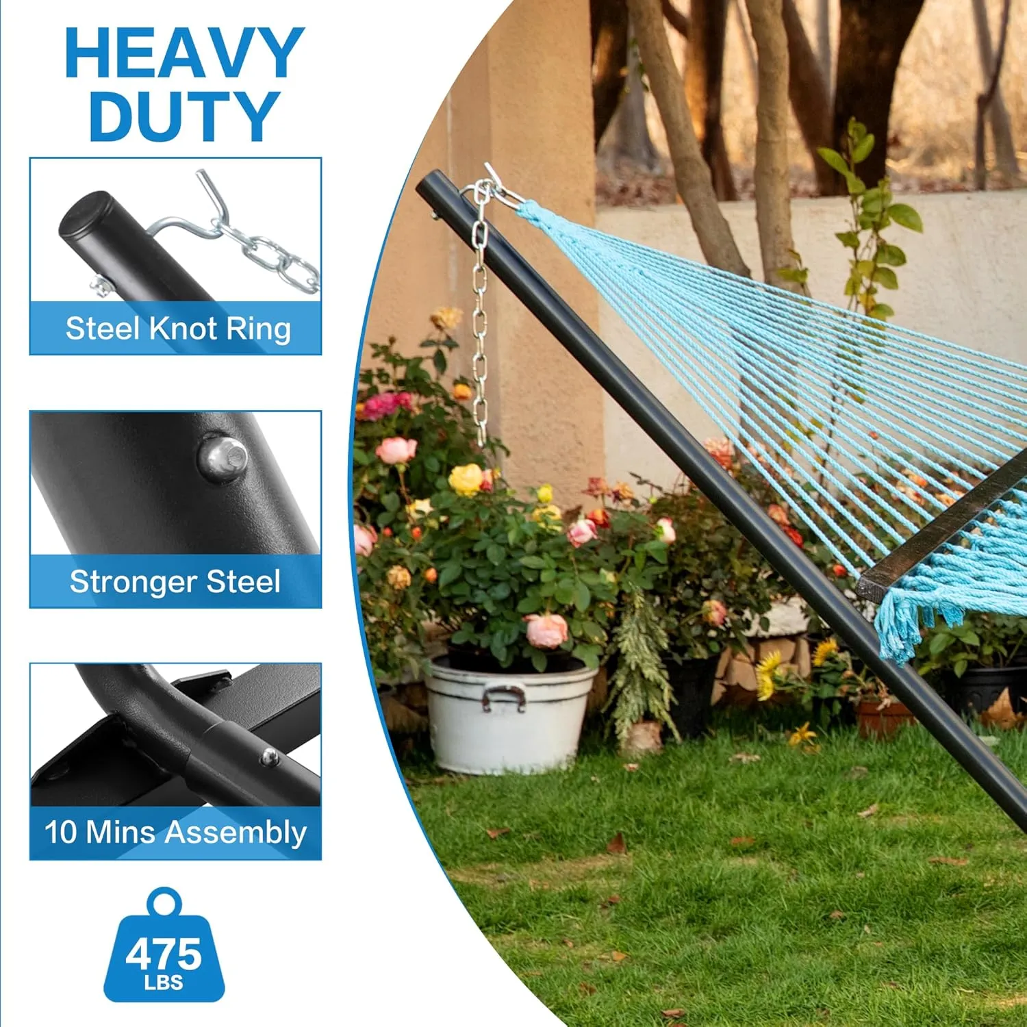 PNAEUT Double Hammock with Stand for Outside, Rope Hammocks with Hardwood Spreader Bar 2 Person, 12ft Heavy Duty Stand, Extra Pillow, Max 475 lbs Capacity (Aqua Blue)