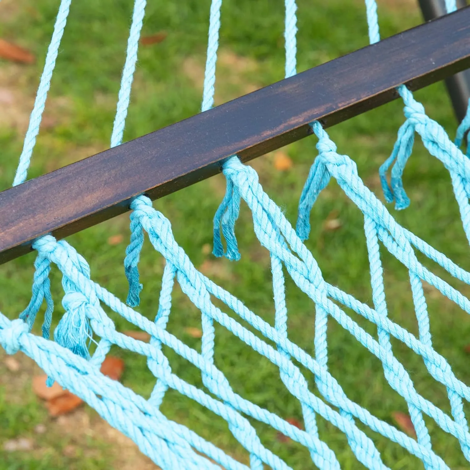PNAEUT Double Hammock with Stand for Outside, Rope Hammocks with Hardwood Spreader Bar 2 Person, 12ft Heavy Duty Stand, Extra Pillow, Max 475 lbs Capacity (Aqua Blue)