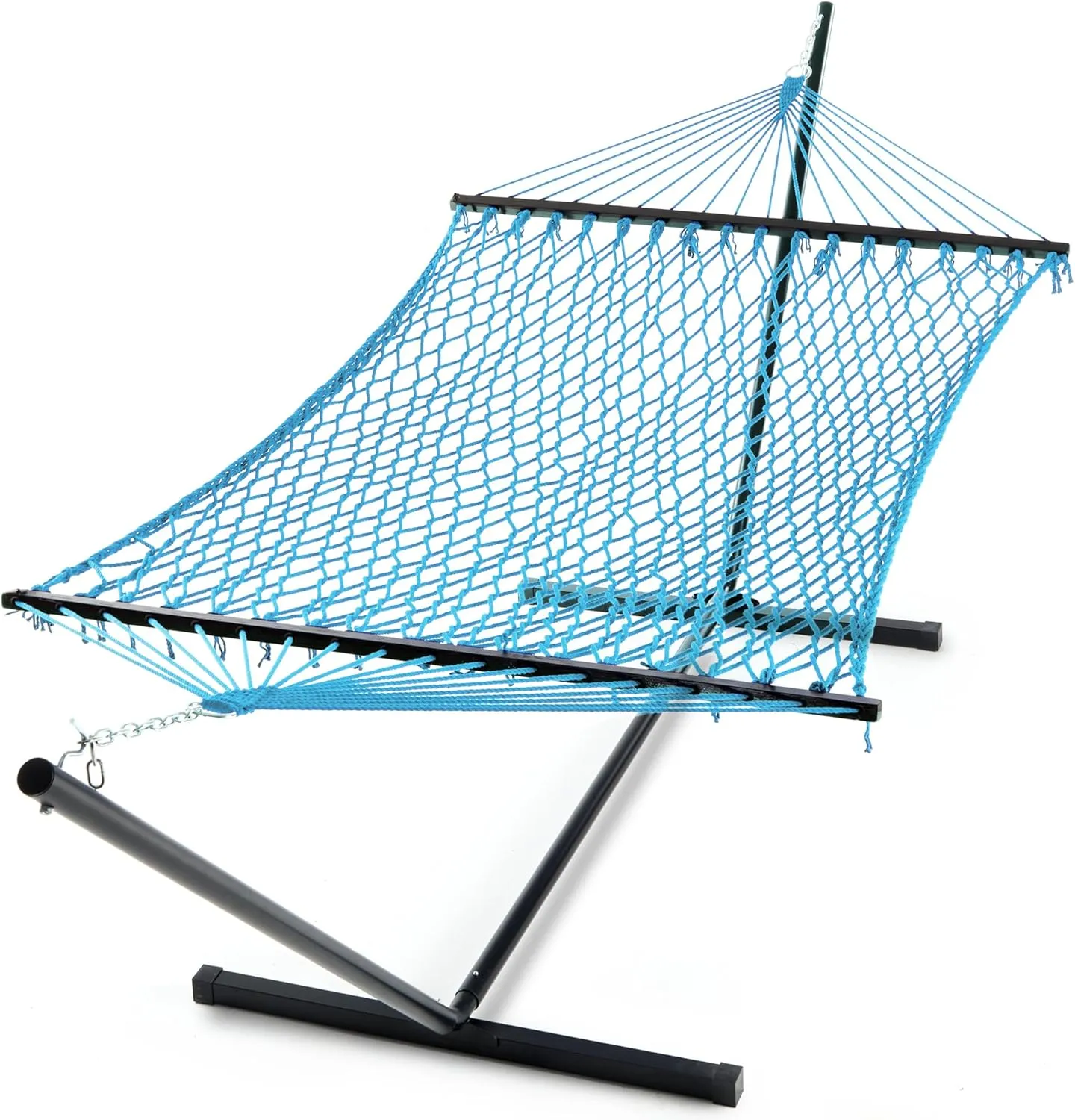 PNAEUT Double Hammock with Stand for Outside, Rope Hammocks with Hardwood Spreader Bar 2 Person, 12ft Heavy Duty Stand, Extra Pillow, Max 475 lbs Capacity (Aqua Blue)