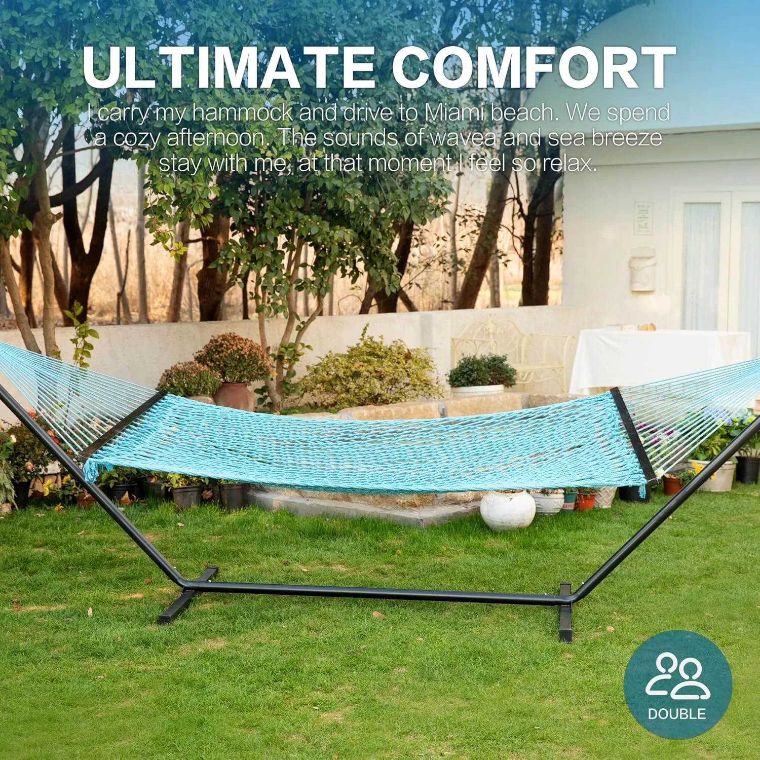 PNAEUT Double Hammock with Stand for Outside, Rope Hammocks with Hardwood Spreader Bar 2 Person, 12ft Heavy Duty Stand, Extra Pillow, Max 475 lbs Capacity (Aqua Blue)