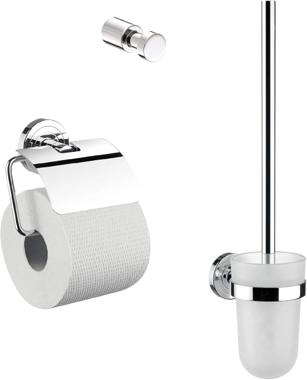 Polo 079800100 3-Piece Bathroom Accessory Set Including Towel Hook, Paper Holder with Lid, Toilet Brush Set 3 in 1 Perfect for Any Bathroom, Chrome