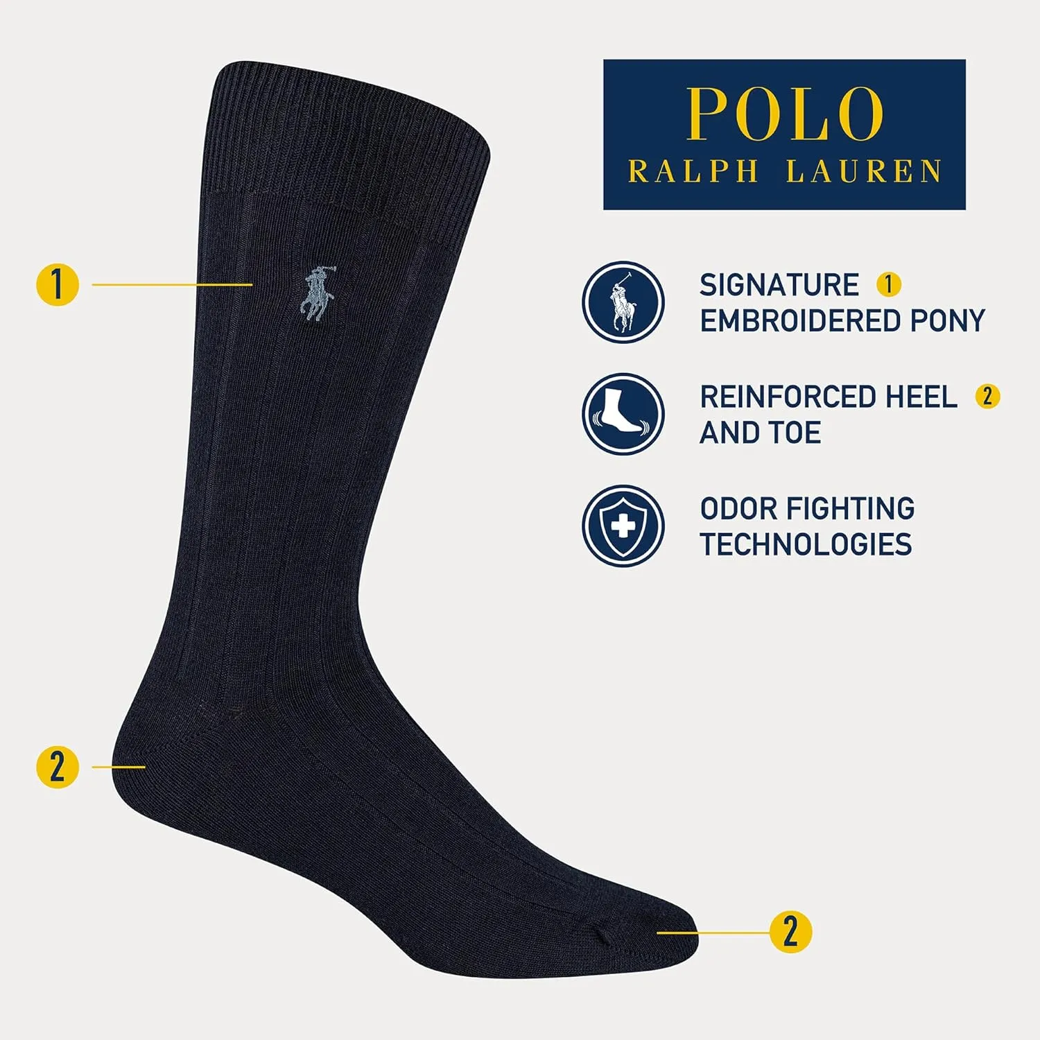Polo Ralph Lauren Men's Cotton Ribbed Dress Crew Socks -3 Pair Pack-Soft and Lightweight Cotton Comfort