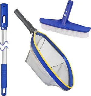 Poolvio Swimming Pool Cleaning Kit, 14'' Brush Head & 50'' Telescopic Aluminum Pole with Fine Mesh Skimmer Net - Perfect for Above Ground Pools, Spas, Hot Tub Fountains Blue (PK0140)