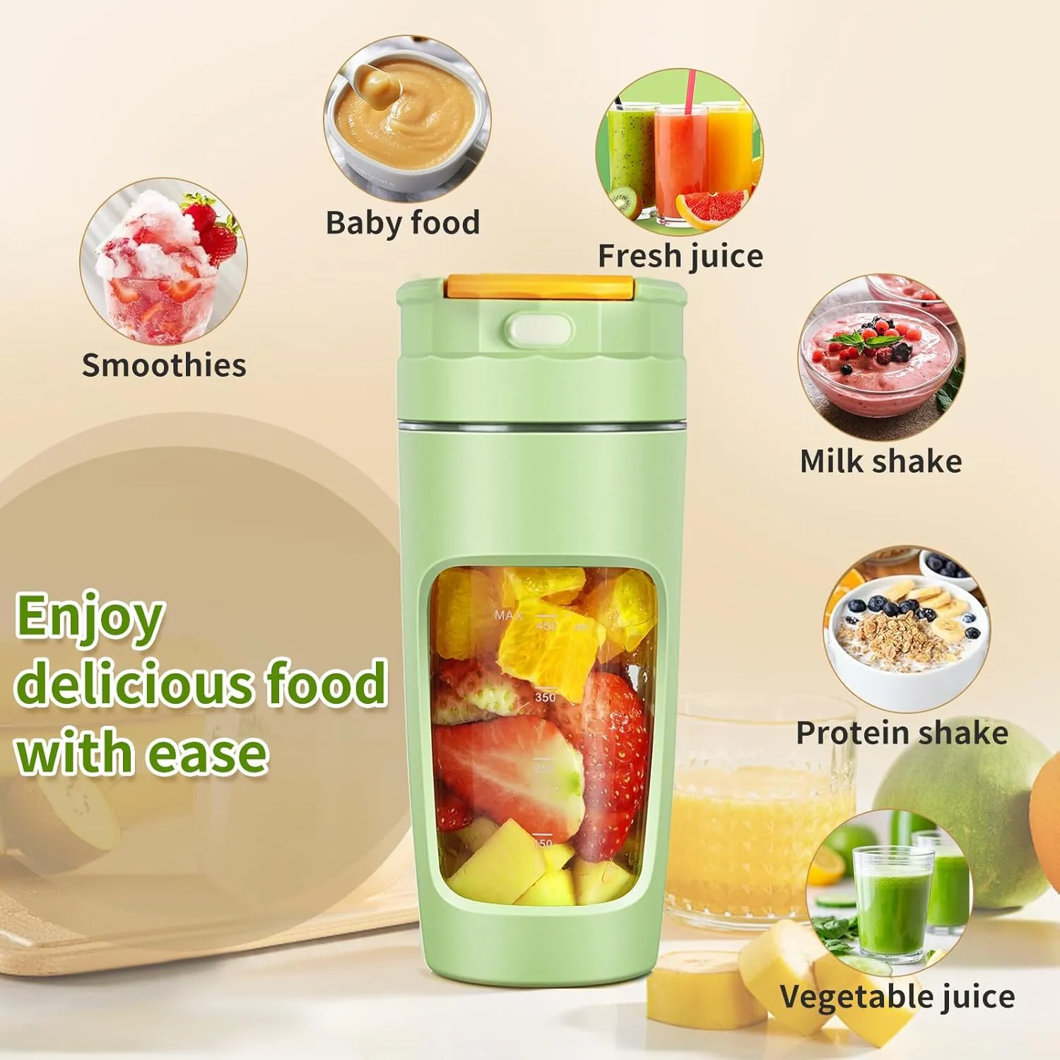 Portable Blender Cup - 600ml Large Capacity, Travel Personal Size Blender for Shakes and Smoothies.High-Speed Multi-Blade Design | Personal Size, BPA-Free & Leakproof