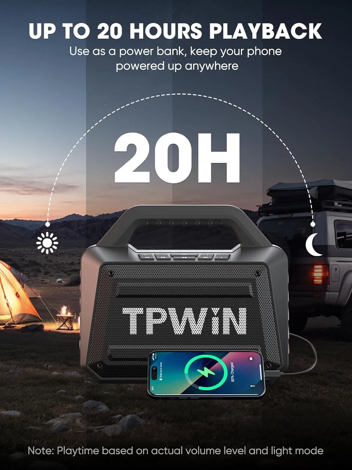 Portable Bluetooth Speaker Wireless - Loud Speakers 80W Peak, 20H Playtime, Light Show, TWS, Deep Bass, BT 5.3, IPX6 Waterproof for Outdoor Travel Camping Beach Pool - Black