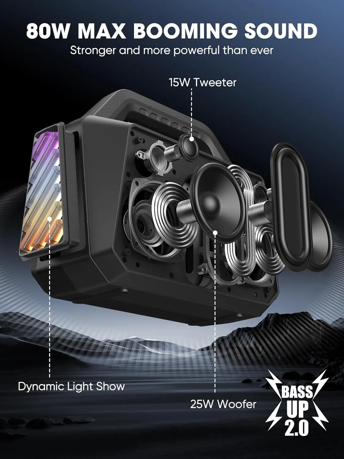 Portable Bluetooth Speaker Wireless - Loud Speakers 80W Peak, 20H Playtime, Light Show, TWS, Deep Bass, BT 5.3, IPX6 Waterproof for Outdoor Travel Camping Beach Pool - Black
