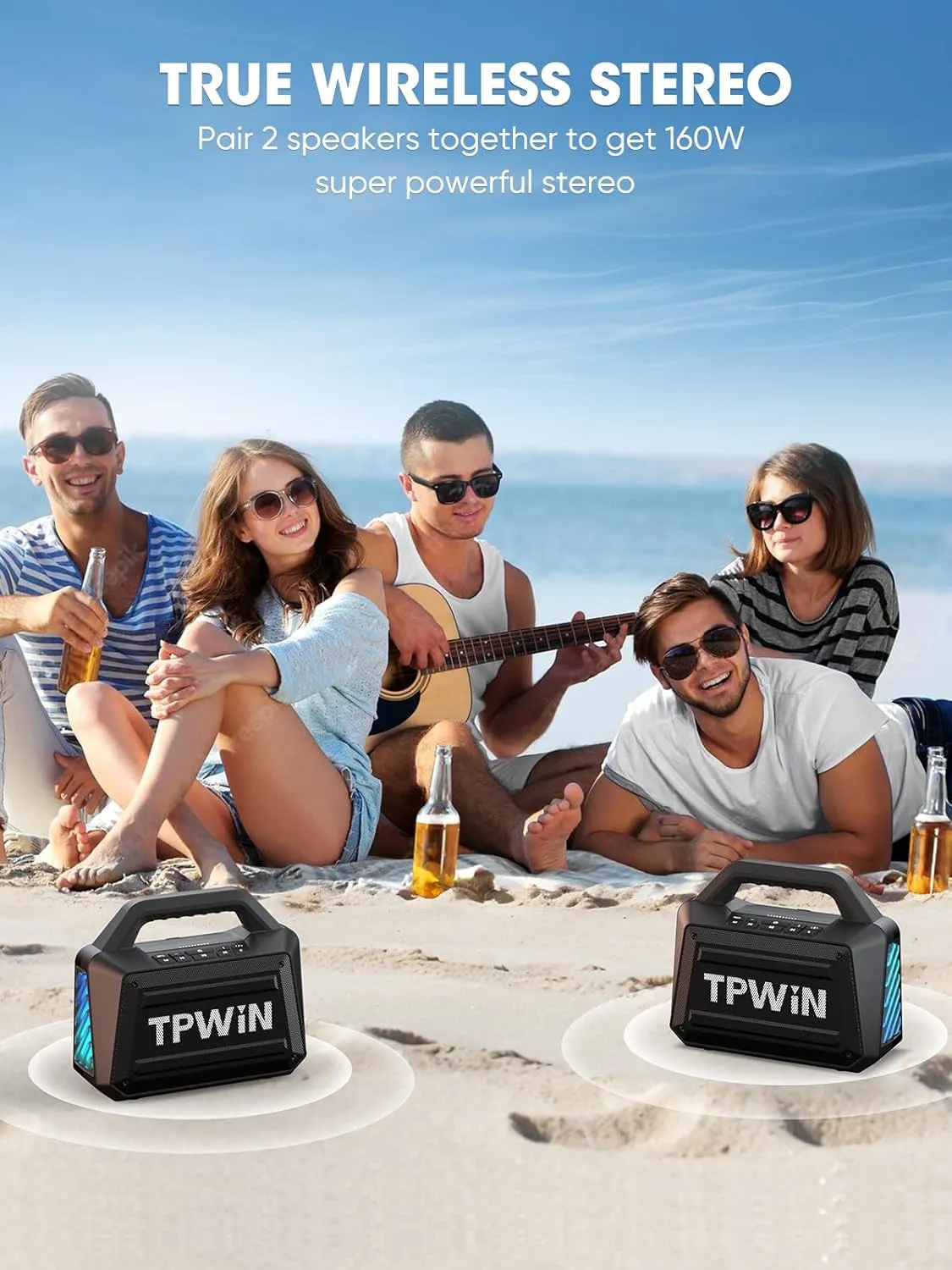 Portable Bluetooth Speaker Wireless - Loud Speakers 80W Peak, 20H Playtime, Light Show, TWS, Deep Bass, BT 5.3, IPX6 Waterproof for Outdoor Travel Camping Beach Pool - Black