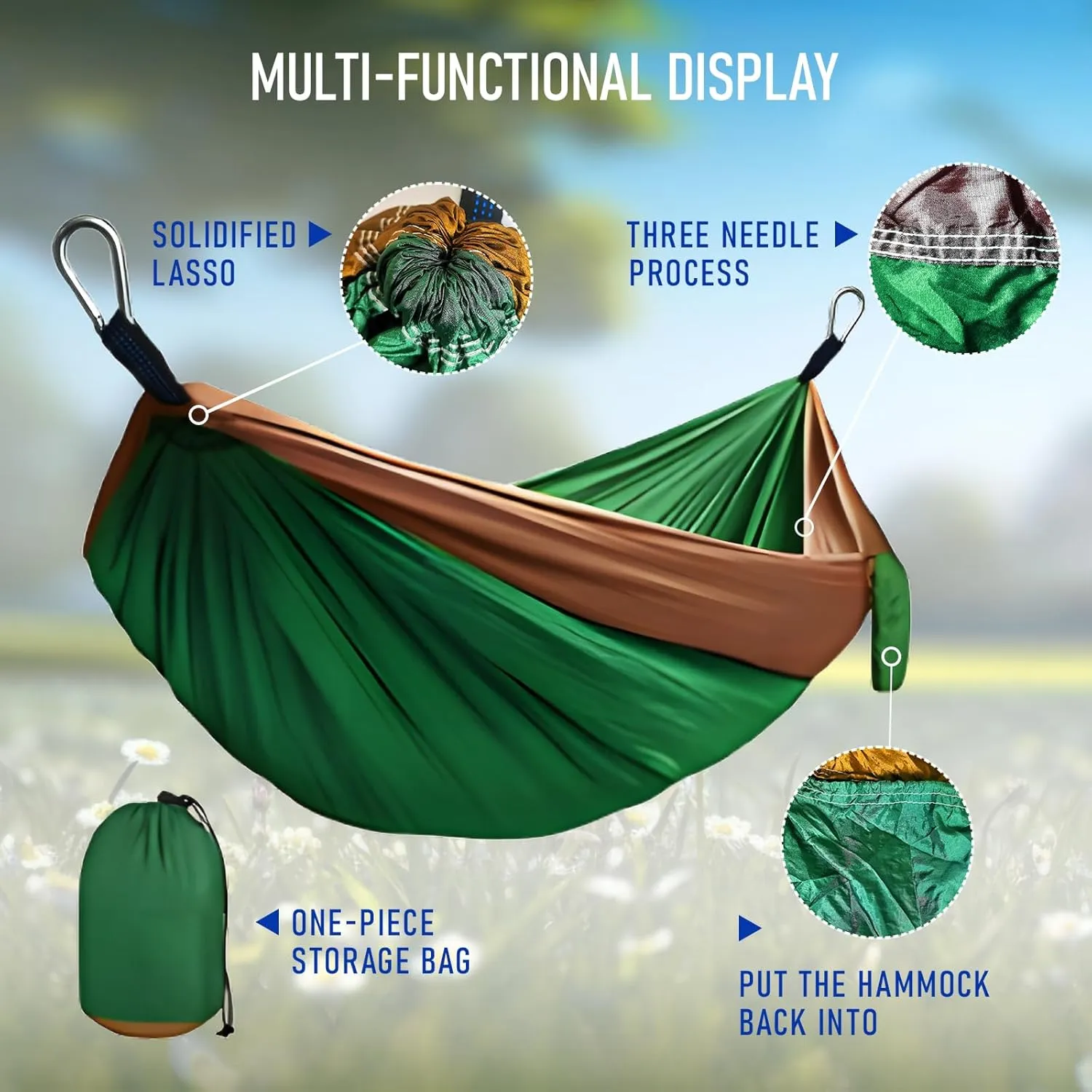 Portable Hammock and Travel Lightweight Backpacking Hammocks Swing with Stainless Steel Clip and Tree Straps for Camping Hiking Backyard Lounging Outdoor Hammock (Green Camel)