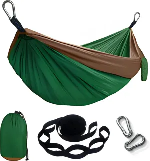 Portable Hammock and Travel Lightweight Backpacking Hammocks Swing with Stainless Steel Clip and Tree Straps for Camping Hiking Backyard Lounging Outdoor Hammock (Green Camel)