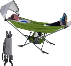 Portable Hammock with Stand, World's Best Mock ONE® Hammock, Compact Folding Framed Hammock with Adjustable Sunshade Canopy for Indoor, Outdoor, Park, Backpacking, Camping, Hiking, Travel, Beach-Green