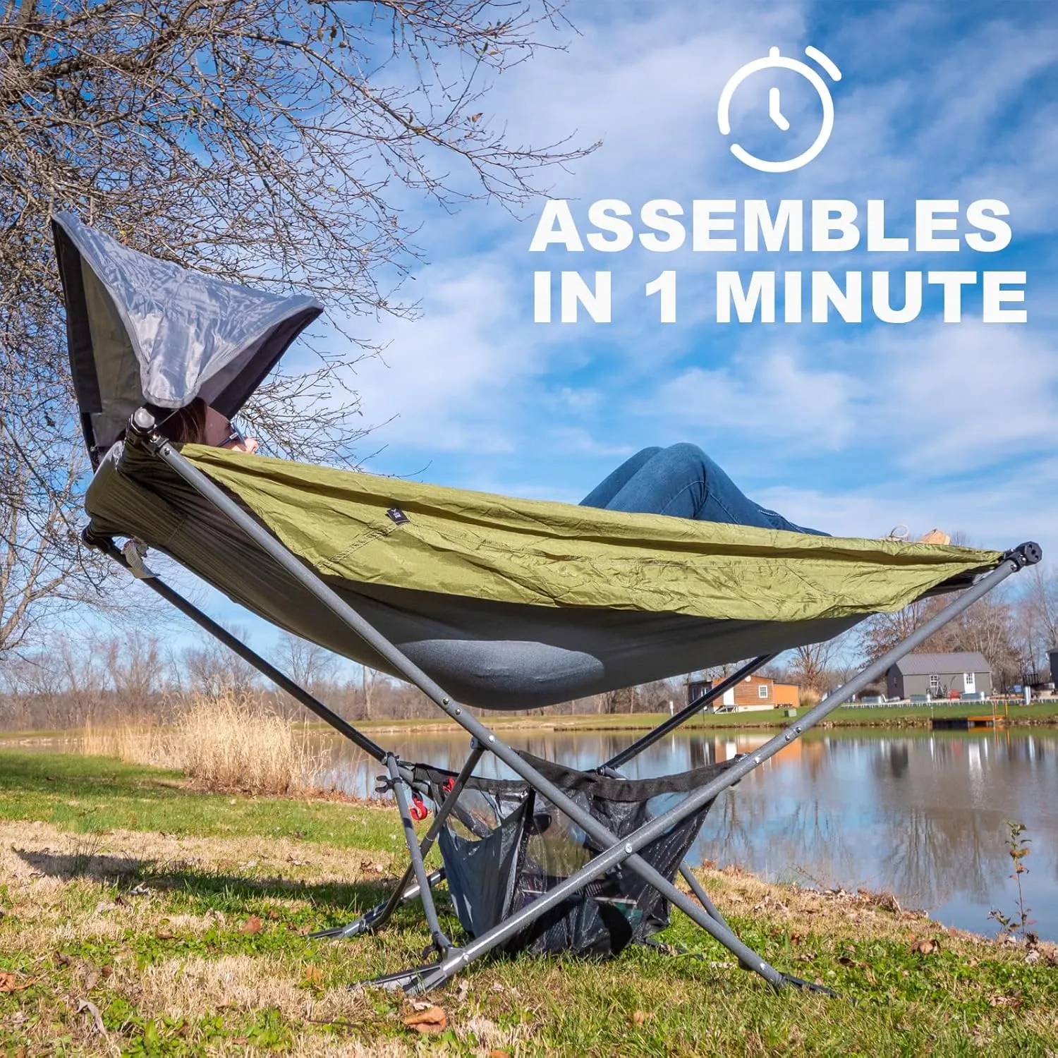 Portable Hammock with Stand, World's Best Mock ONE® Hammock, Compact Folding Framed Hammock with Adjustable Sunshade Canopy for Indoor, Outdoor, Park, Backpacking, Camping, Hiking, Travel, Beach-Green