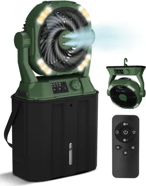 Portable Misting Fan with 7L Bucket, 9-inch 26800mAh Rechargeable Cordless Variable Speed Misting Fans, Cooling Fan with Remote & 4 Spray Mister, Warm/Cool White Night Light for Camping Patios