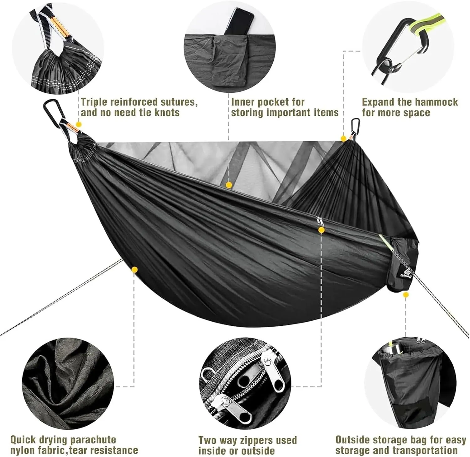 Portable Quick Setup Hammock with Mosquito Net Travel Outdoor Camping Hammock Hanging Sleeping Swing Bed Mosquito Net(Brown)