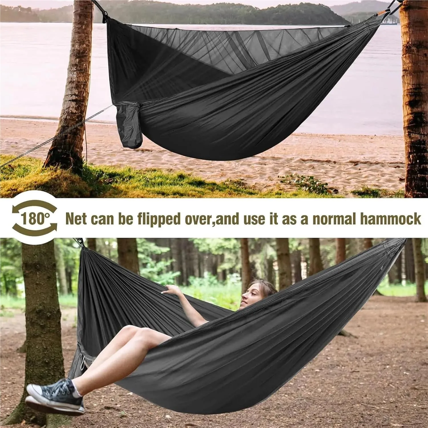 Portable Quick Setup Hammock with Mosquito Net Travel Outdoor Camping Hammock Hanging Sleeping Swing Bed Mosquito Net(Brown)