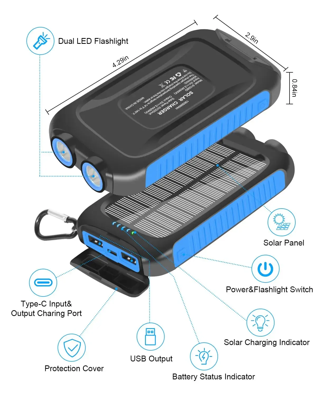 Portable Waterproof Solar Power Bank 10000mAh with Dual USB and LED Light