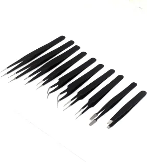 Precision Tweezer Set,10 Pack Best ESD Tweezers Set Stainless Steel Long Tweezers with Curved,Pointed,Slanted Tips for Eyebrow,Eyelash Extension,Craft, Jewelry, Soldering & Laboratory