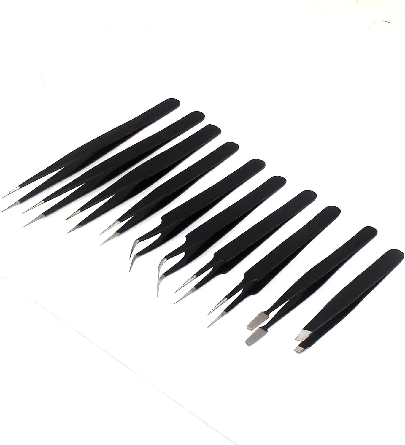 Precision Tweezer Set,10 Pack Best ESD Tweezers Set Stainless Steel Long Tweezers with Curved,Pointed,Slanted Tips for Eyebrow,Eyelash Extension,Craft, Jewelry, Soldering & Laboratory