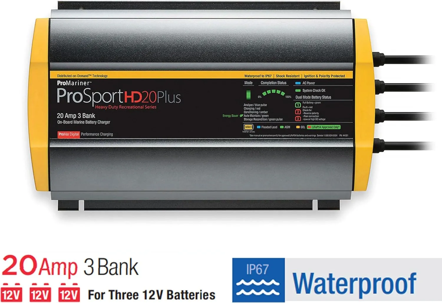 ProMariner 44021 ProSport HD Waterproof Marine Battery Charger, 20 Amp, 3 Bank