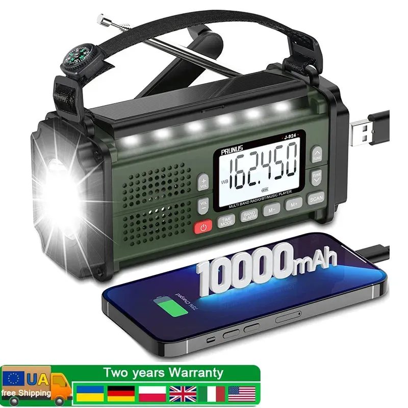 PRUNUS 924 10000mAh Hand Crank Radio, AAA Batteries Powered Emergency Radio Solar, NOAA Weather Radio AM/FM/SW Power