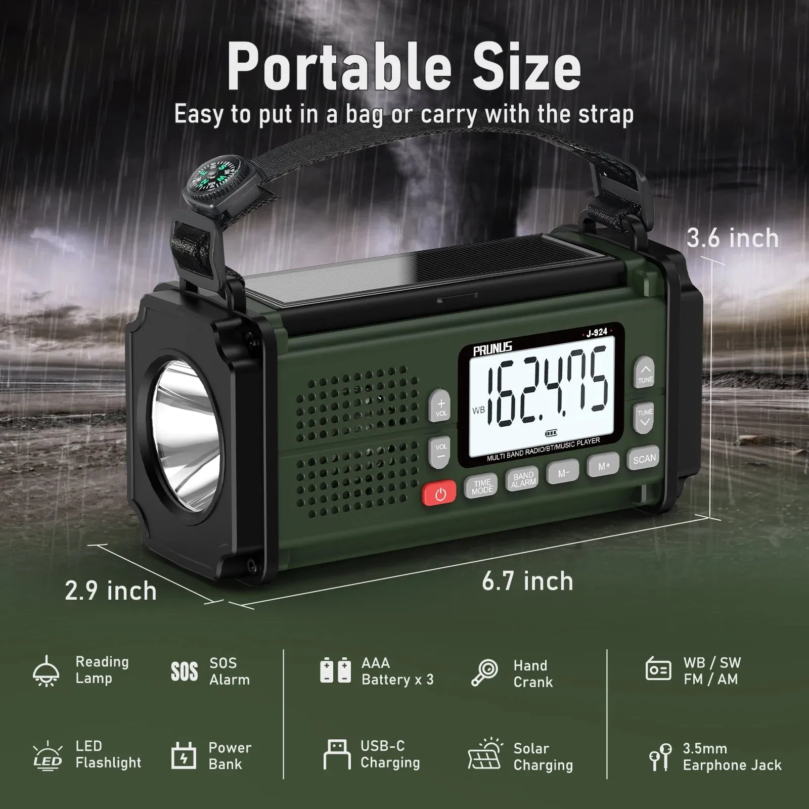 PRUNUS 924 10000mAh Hand Crank Radio, AAA Batteries Powered Emergency Radio Solar, NOAA Weather Radio AM/FM/SW Power
