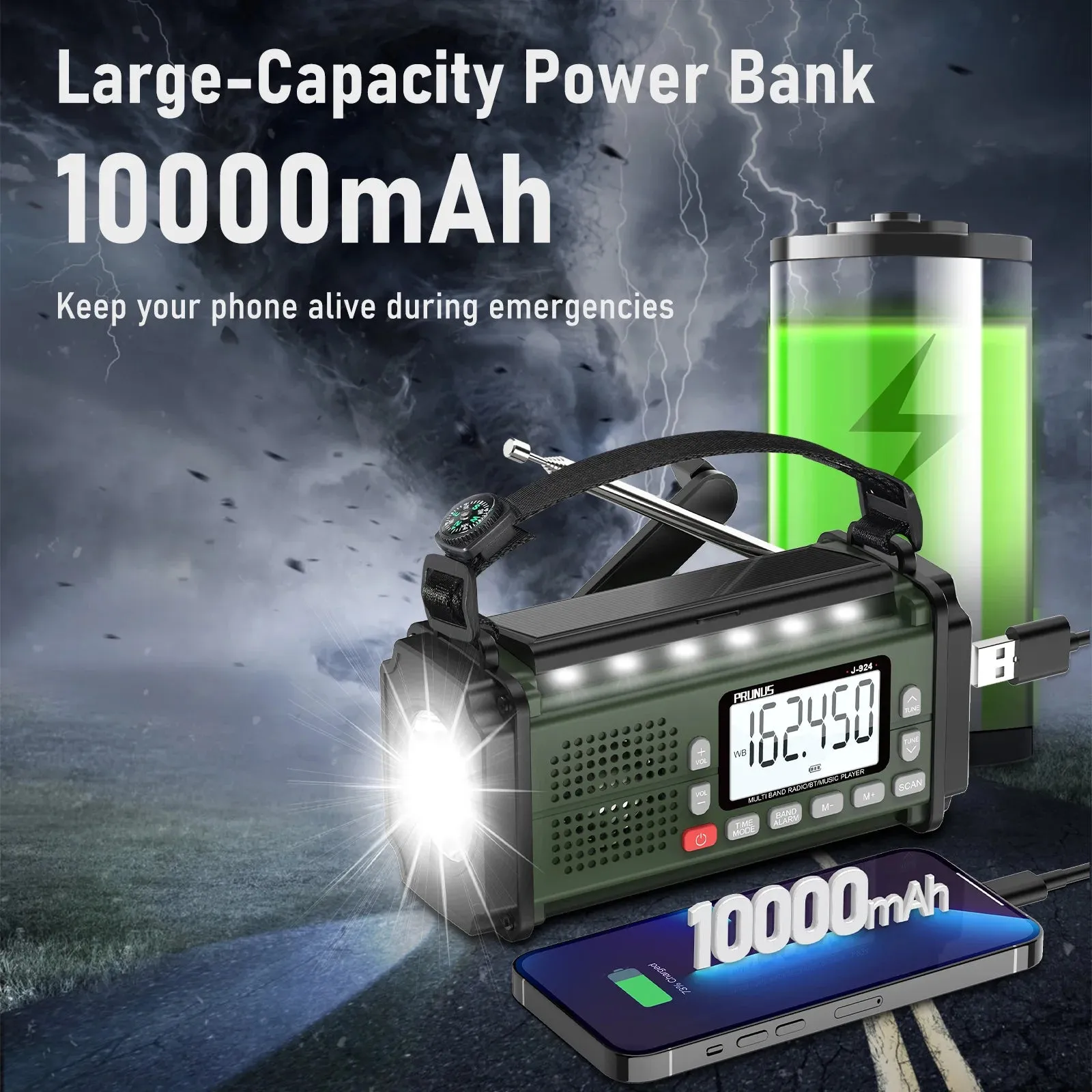 PRUNUS 924 10000mAh Hand Crank Radio, AAA Batteries Powered Emergency Radio Solar, NOAA Weather Radio AM/FM/SW Power