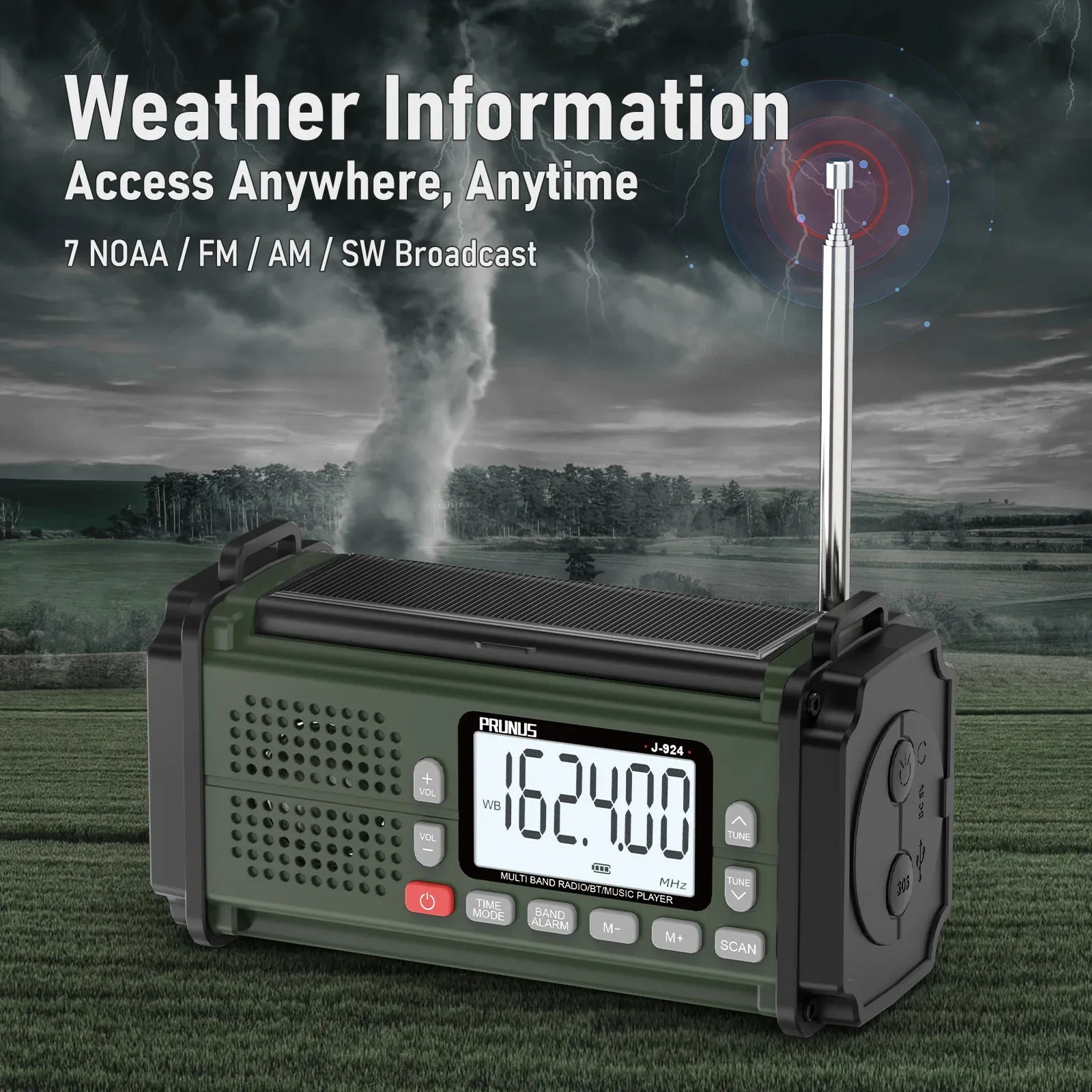 PRUNUS 924 10000mAh Hand Crank Radio, AAA Batteries Powered Emergency Radio Solar, NOAA Weather Radio AM/FM/SW Power