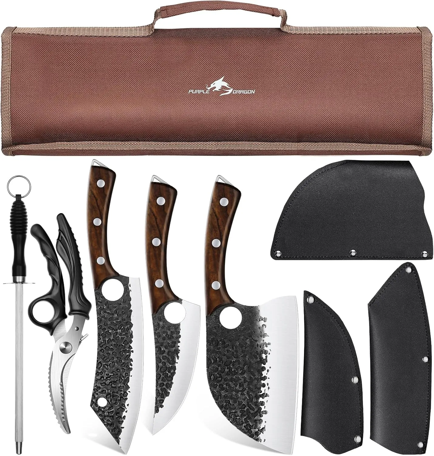 Purple Dragon 9 pcs Chef Knife Set, High Carbon Steel Hand Forged Meat Boning Carving Cleaver Butcher Knife with Accessories for Kitchen, BBQ Camping Knives Set with Roll Bag