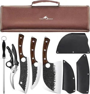 Purple Dragon 9 pcs Chef Knife Set, High Carbon Steel Hand Forged Meat Boning Carving Cleaver Butcher Knife with Accessories for Kitchen, BBQ Camping Knives Set with Roll Bag