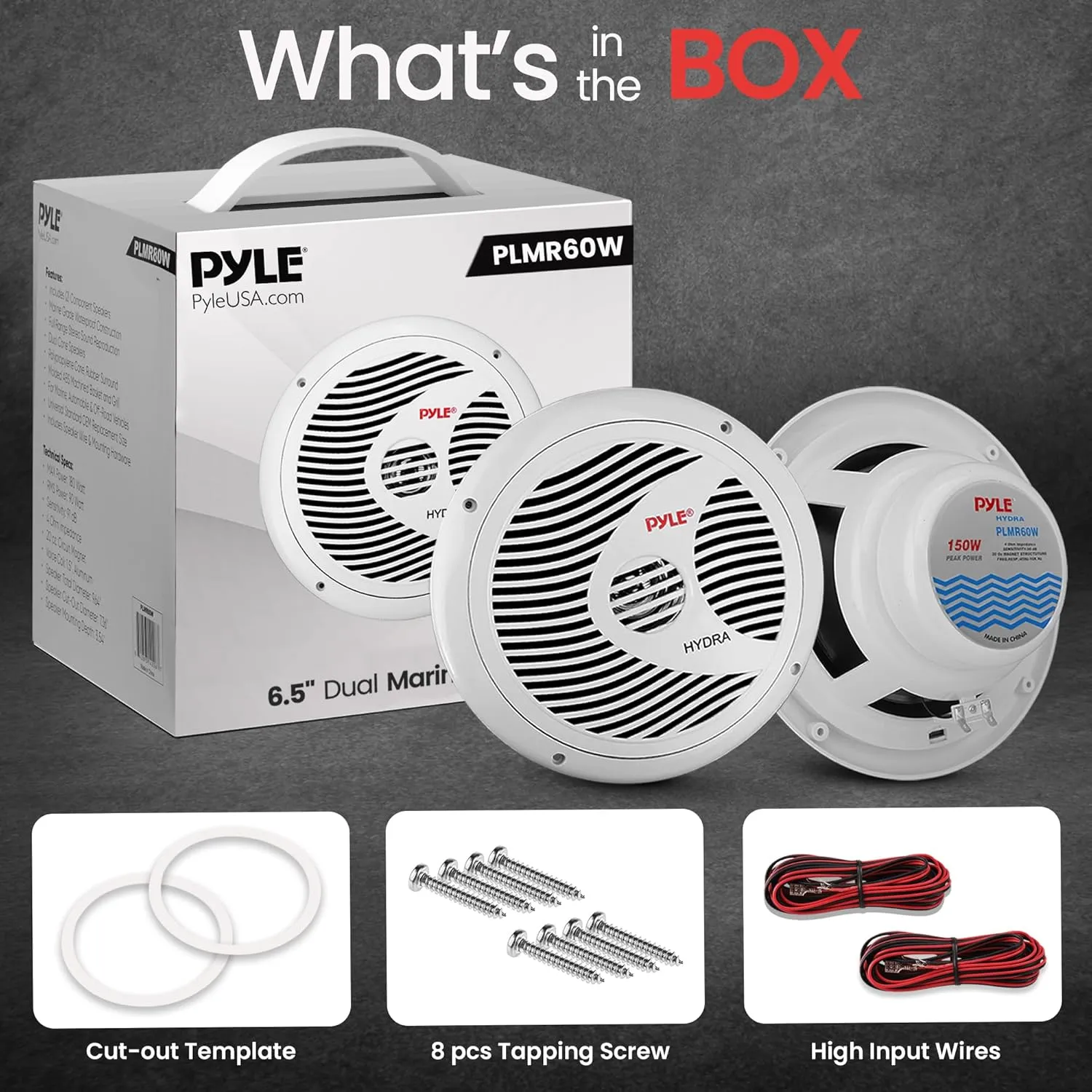 Pyle 6.5 Inch Dual Marine Speakers - 2 Way Waterproof and Weather Resistant Outdoor Audio Stereo Sound System with 150 Watt Power, Polypropylene Cone and Cloth Surround - 1 Pair - PLMR60W (White)