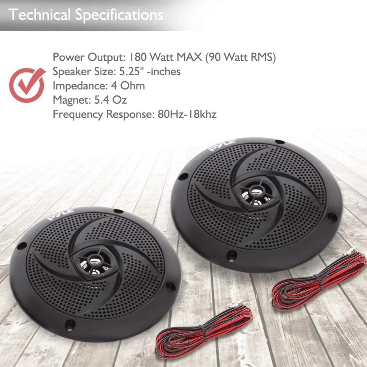Pyle PLMRS5B 5.25 Inch 180 Watt Waterproof Weather Resistant Outdoor Rated Low Profile Slim Style Marine Speakers, Black (2 Pack)