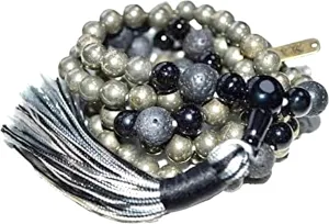 Pyrite Black Tourmaline Lava Mala Beads Necklace - Scorpio Birthstone, Root & Solar Plexus Chakra