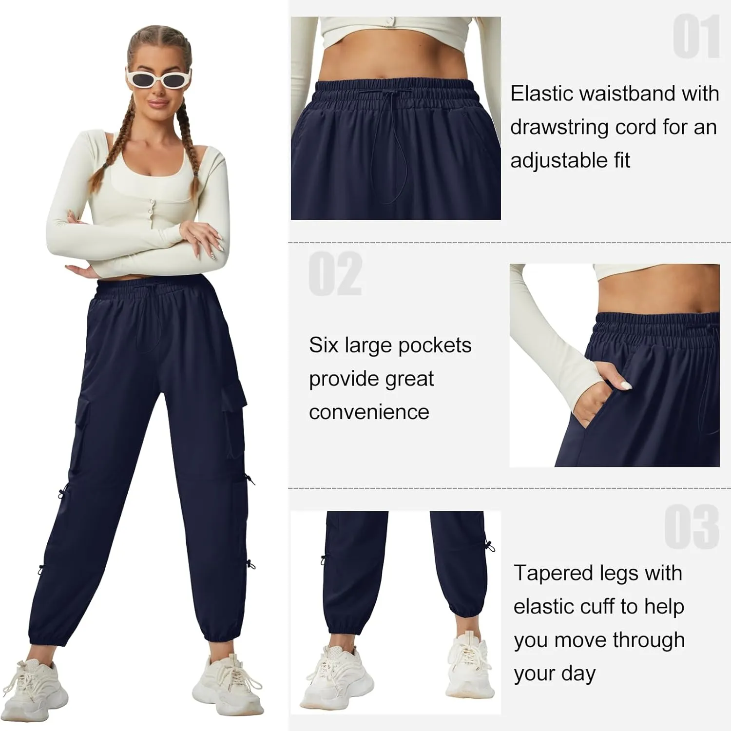 Quick Dry Cargo Pants Lightweight Tactical Hiking Pants with 6 Pockets for Women, Elastic Waist and Water-Resistant