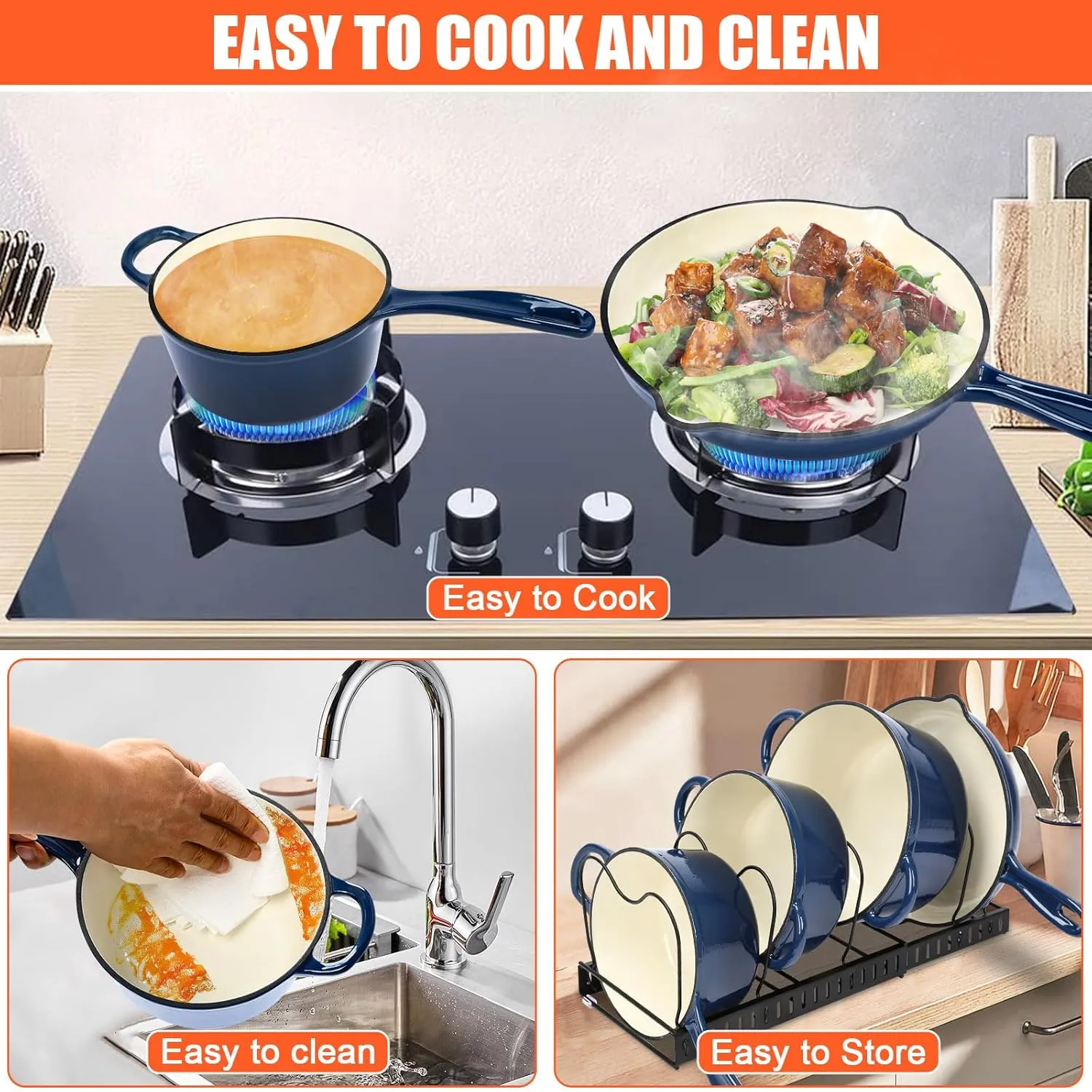 QuliMetal Nonstick Enameled Cast Iron Cookware Set, Frying Pan Skillet- 7-Pcs Pots and Pans with Lid, Healthy Round Dutch Oven Pot for Sourdough Bread Baking, Oven Safe up to 500° F or on All Stovetop