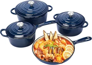 QuliMetal Nonstick Enameled Cast Iron Cookware Set, Frying Pan Skillet- 7-Pcs Pots and Pans with Lid, Healthy Round Dutch Oven Pot for Sourdough Bread Baking, Oven Safe up to 500° F or on All Stovetop